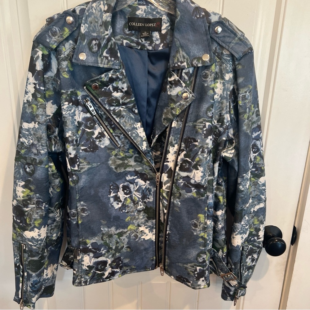 Colleen Lopez Blue Fliral Moto Style Jacket XL